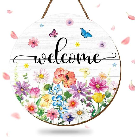 Summer Flower Welcome Door Sign Tulip Wooden Hanging Sign Floral Butterfly Door Hanger Sign for Spring Summer Holiday Indoor Outdoor Farmhouse Home