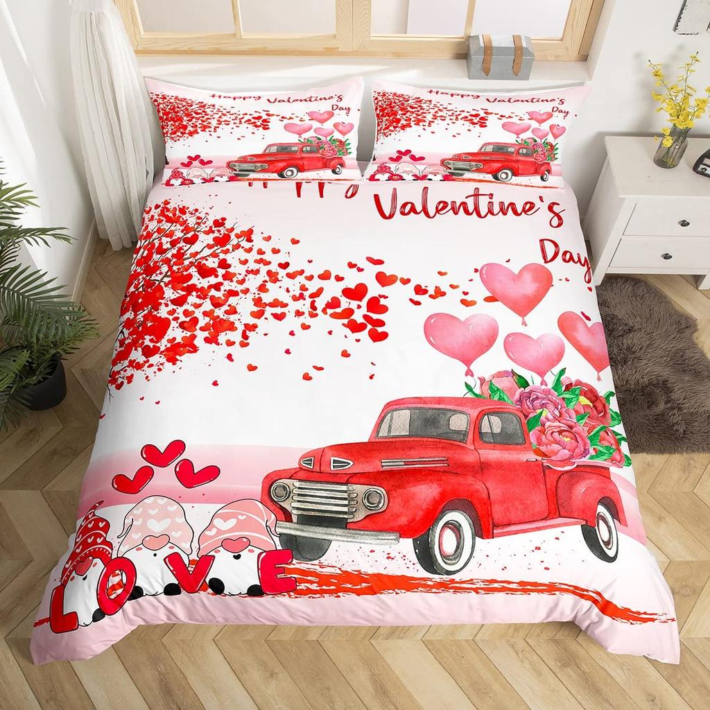Valentines Day King Duvet Cover Romantic Bedding Set Kawaii Couple Gnome Comforter Cover Pink Rose Hearts Polyester Quilt Cover