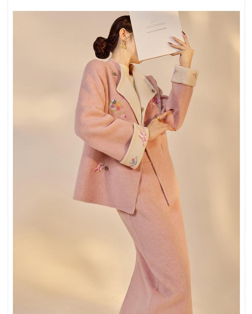 New Chinese Embroidered Wool Coat & Skirt Set - Women's NY027