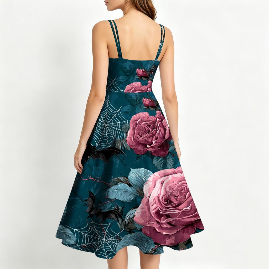 Women's Casual Round Neck Sleeveless Dress with Halloween Print for Party and Daily Wear