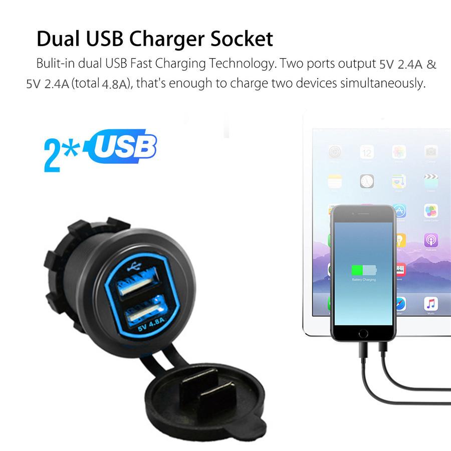 Waterproof Aluminum Dual Usb Led Quick Charger Socket Power Outlet 2.4A & 2.4A (4.8A) With Wire In-Line 10A Fuse For Car Boat Marine Motorcycle Rv Tru