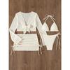 Sexy Mesh White 4 Piece Bikini Set 2025 Women Long Sleeve Cover Up with Skirt Swimsuit Beach Bathing Suit Holiday Thong Swimwear