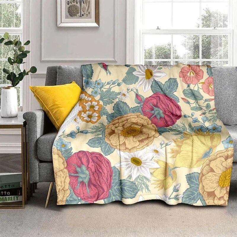 Módní přikrývka se zářivými květinami – lehký flanelový přehoz na pohovku, přikrývka s digitálním potiskem s měkkou a červotočivou flanelovou látkou