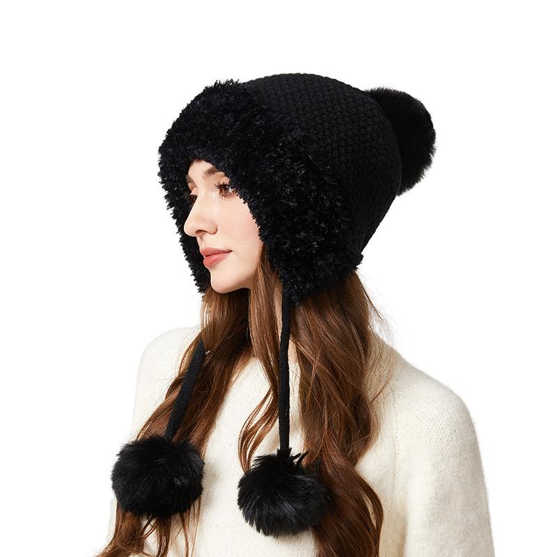 Cashmere Thick Knitted Hat Women's Warm Three-Ball Pullover Cap Outdoor Cold-Proof Ear Protection Plush Cap