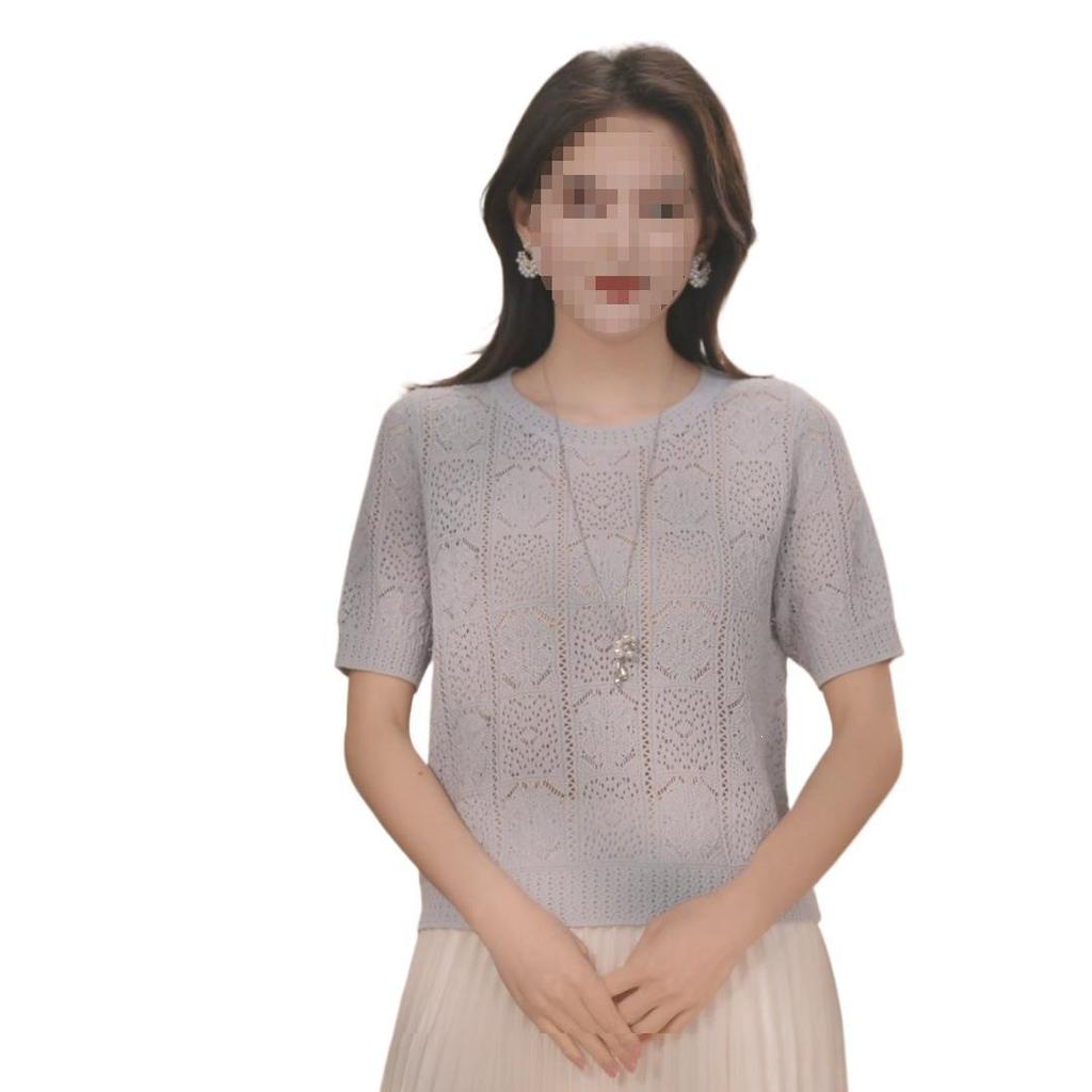 Summer 2026 Elegant Women's Mulberry Silk Tencel Knit Hollow Round Neck Pullover Top