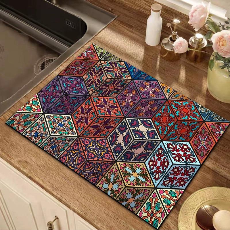 Retro Persian Pattern Drain Mat Fridge Top Non-slip Diatom Protector Mat Coffee Drain Pad Table Placemats for Home Decoration
