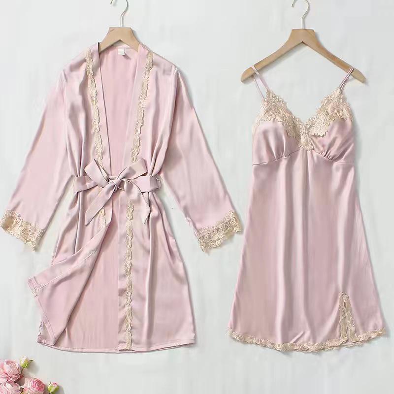 Women's Summer Silk Pajama Set: 5-Piece Long Sleeve, Lace Trim Camisole, Shorts & Pants