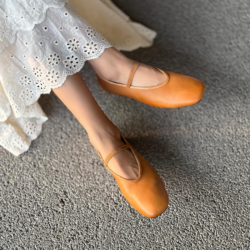 Johnature Genuine Leather Shallow Elastic Band Women Flat Shoes Versatile Round Toe Solid Color Slip-on Shoes