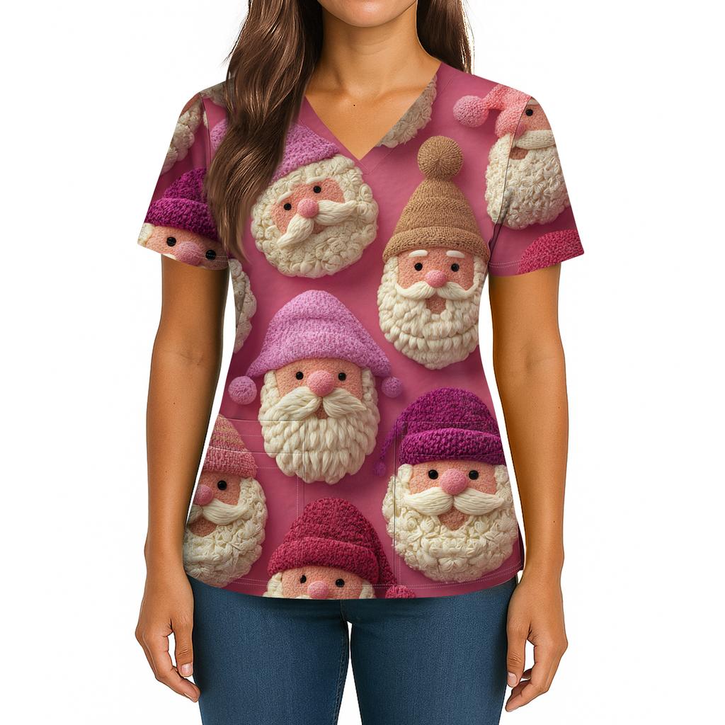 Women's Christmas Print V-Neck Double Pocket Short Sleeves Hem Slit  Uniform And Caregiver Top