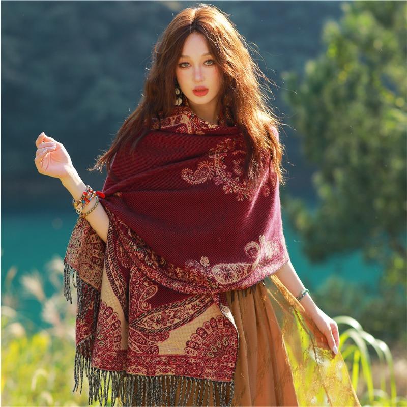 New cashew flower scarf dual-purpose long Xizang Qinghai travel windproof and warm fringed shawl