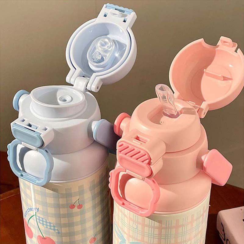 700ML Cute Bow Thermo Water Bottle For Girls Portable Handle 316 Double Drinking Outdoor Sports Straw Vacuum Thermal Bottle Gift