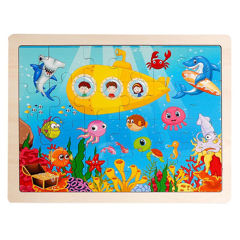 Laserový srub 24 dílků Dřevěné puzzle Dětské zvířecí kreslené dinosauří letadlo Puzzle hračka