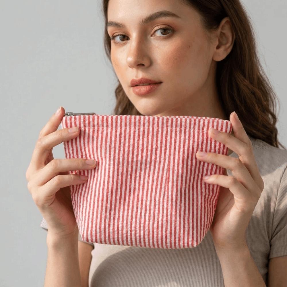 Large Capacity Striped Cosmetic Bag Handheld Pencil Pouch Women Toiletry Bag  Travel Essential