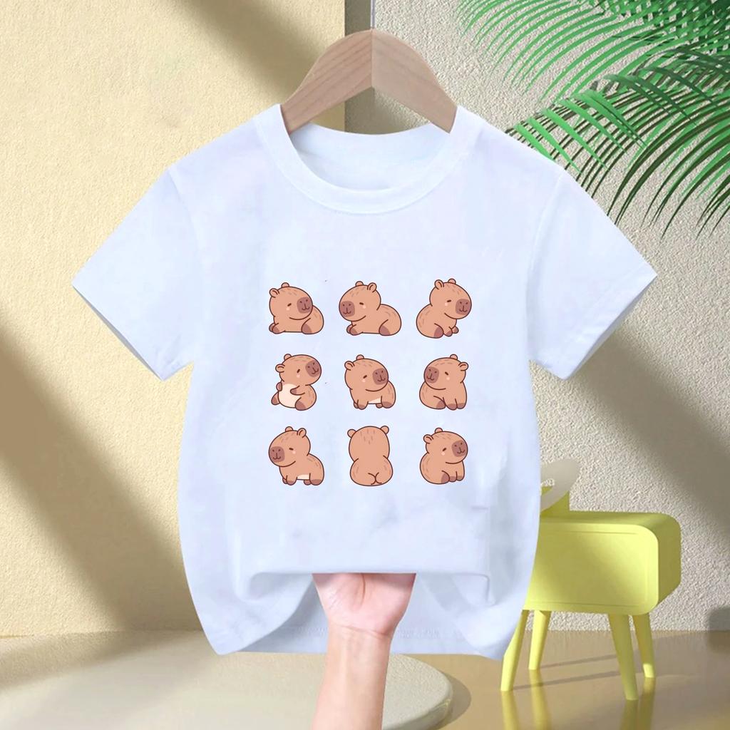 Cute Capybara Loves Bubble Tea Print Kids TShirt Summer Childrens Cartoon Shortsleeved Casual Tops Boys and Girls Clothing