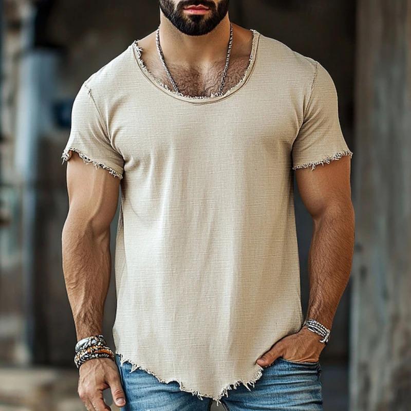 Mens Solid Color Frayed Hem Slim Fit Short Sleeve T Shirt