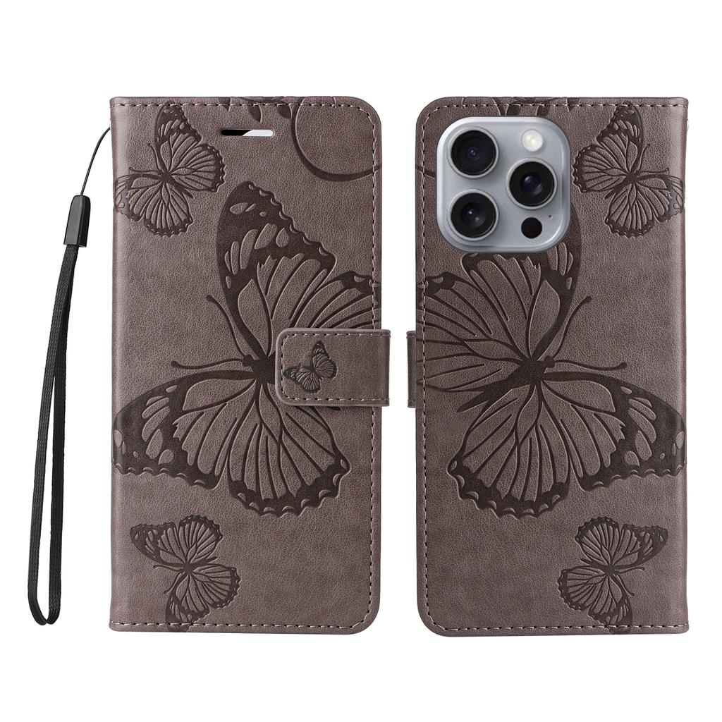 For iPhone 16 Pro Max Wallet Case Floral Butterfly Imprinted Leather Phone Cover Stand