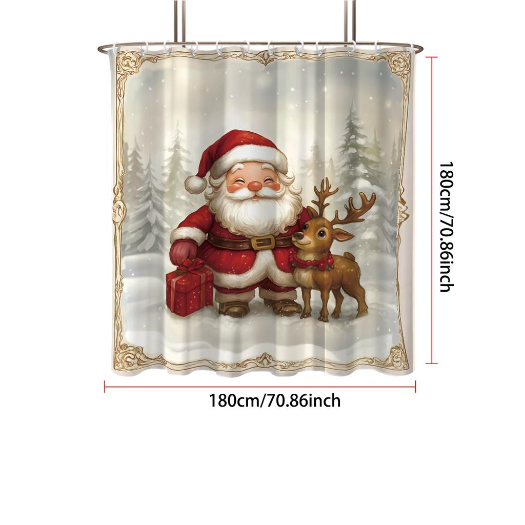 1Pc Santa Claus Print Waterproof Perforated Shower Curtain Bathe Partition Privacy Multi Size With 12 Hooks Easy Installation