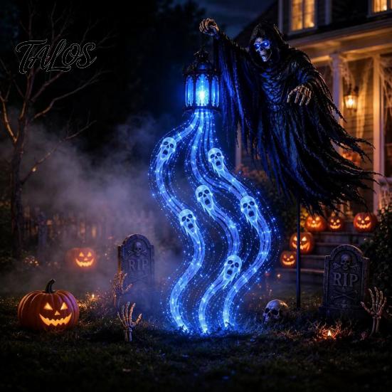 Supernatural Garden Decor Halloween Grim Reaper Stake Light, Battery Powered Outdoor Spooky Waterfall Glow Lights Pathway Lamp with Lantern
