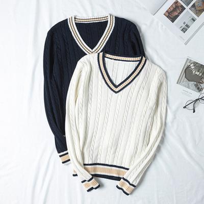 Yousheng Unisex Sweater V-Neck Long Sleeve Couples School Uniforms Loose Fit Color-Blocking Design Twist Texture Preppy Style Knitting Tops