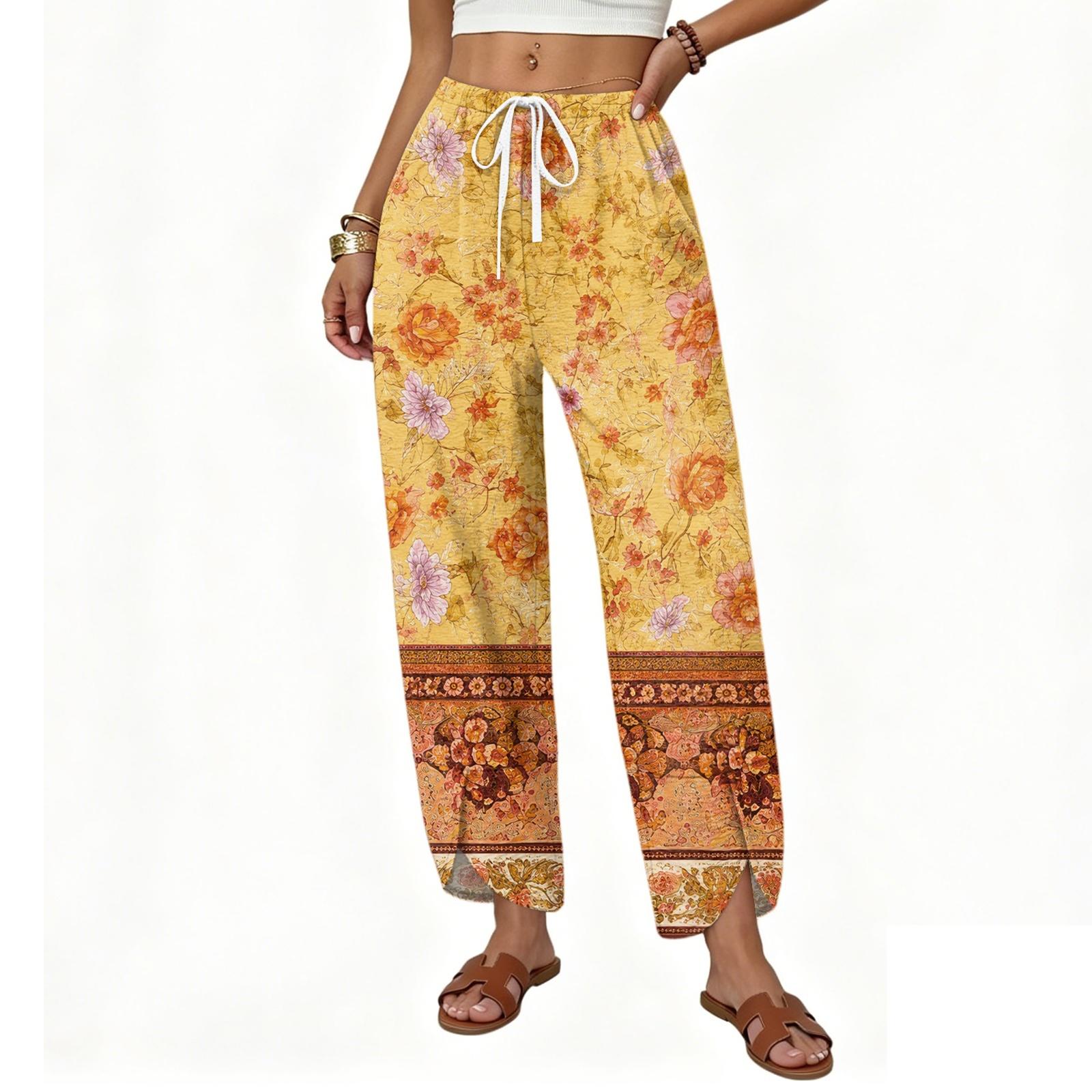 Women s Casual Wide Leg Drawstring Printed Pants with Loose Fit S жёлтый