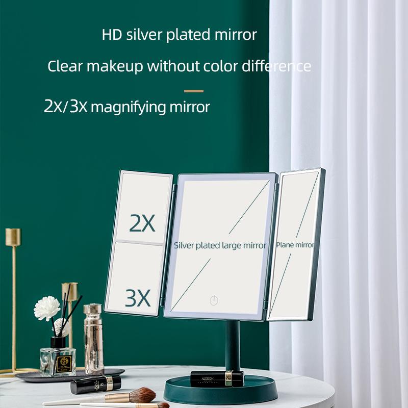 Wireless Folding Cosmetic Reflector With LED Light 3 Tone Lights Desktop Vanity Mirror 2X/3X Magnifying 360° Adjustable Rechargeable