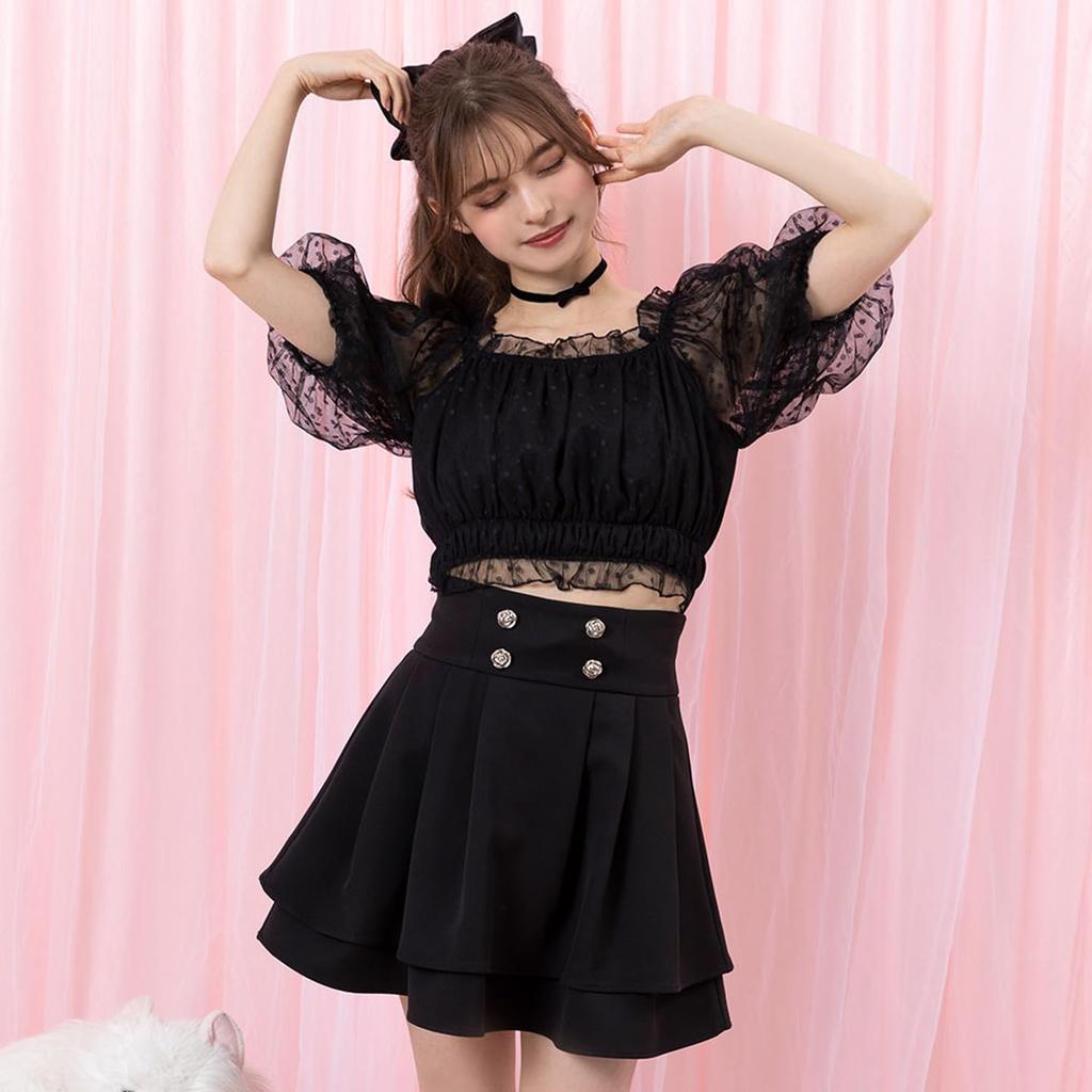 [Yumetenbo] Mass-produced Landmine Style Clothing [Dear My Love] Women's Tiered Flare Mini Skirt 533511 Black x Rose Yumetenbo