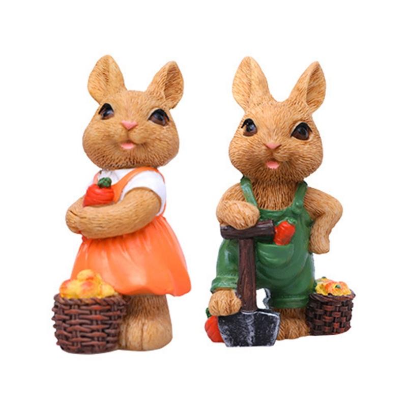 2Pcs Easters Bunnies Sculptures Resins Animal Ornaments Rabbit with Cart Figurines for Balconies Patios or Home Decors
