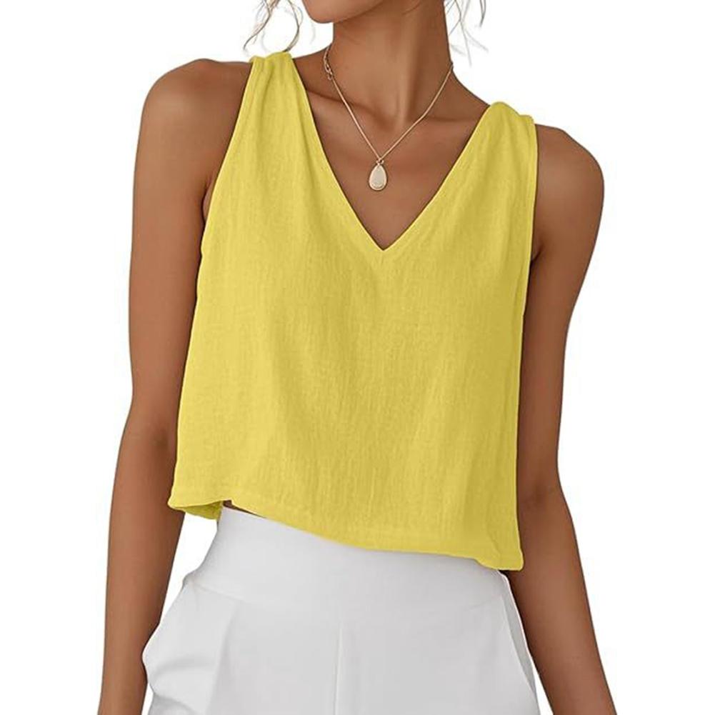 Women Solid Color V-neck Casual Cotton and Linen Cropped Vest Sleeveless Shirt M