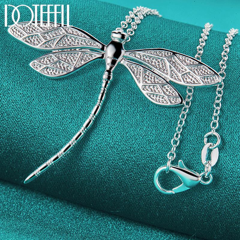 DOTEFFIL 925 Silver 40-75cm Chain Big Dragonfly Pendant Necklace For Women Wedding Engagement Party Fashion Jewelry
