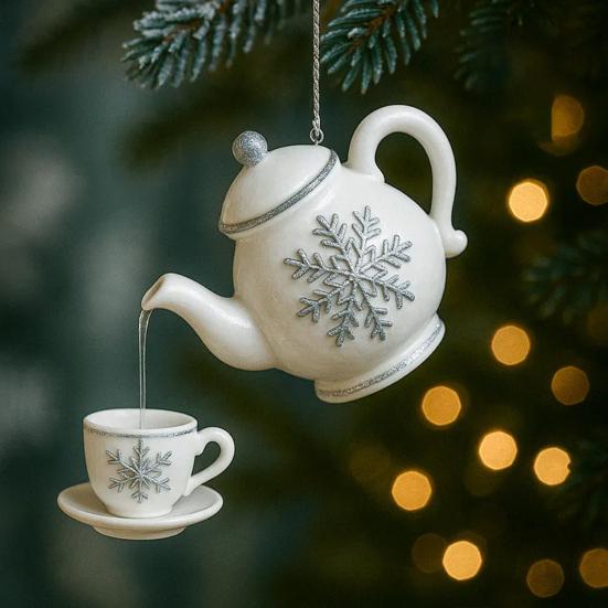 Christmas Teapot Ornament Vintage Christmas Tea Cup And Pot Hanging Decor with Pouring Tea Effect Gift for Tea Lovers