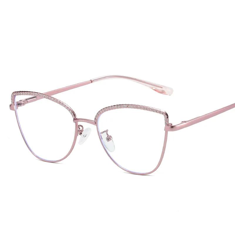 Metal Frame Cat Eye Eyeglass Diamond Bordered Anti Blue Light Glasses Fashionable Vintage Women Eyewear