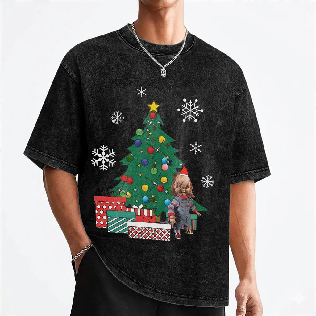 Cartoon Chuckys Merry Christmas T Shirts Washed 100% Cotton Oversize T-Shirts Halloween Men Women Streetwear Tee Shirt