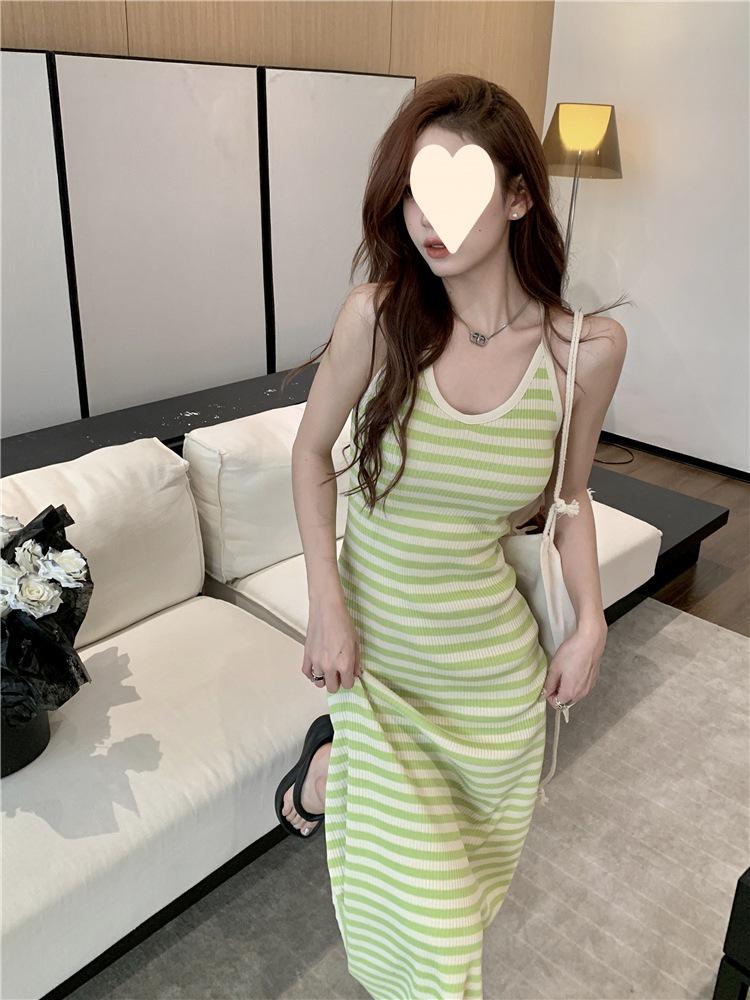 French Style Striped Suspender Knitted Dress: Backless, Slim Fit, Hip-Wrapped, Summer Women's Fashion