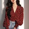 Retro Hong Kong style red polka dot long-sleeved shirt women's spring new fashion temperament age-reducing V-neck shirt women A