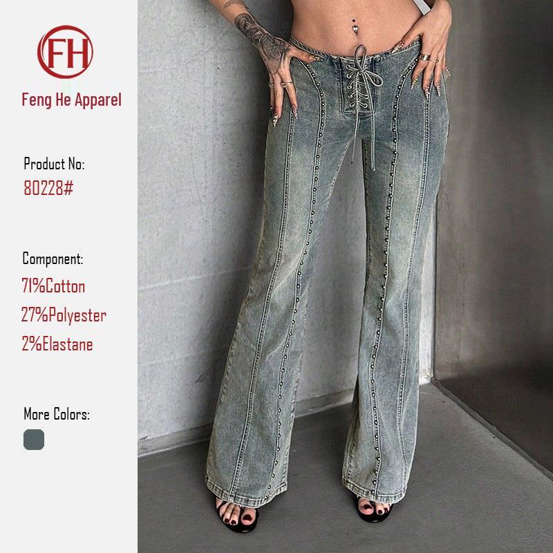 

2026 Retro Rivet Lace-up Slimming Straight-Leg Women s Jeans XS