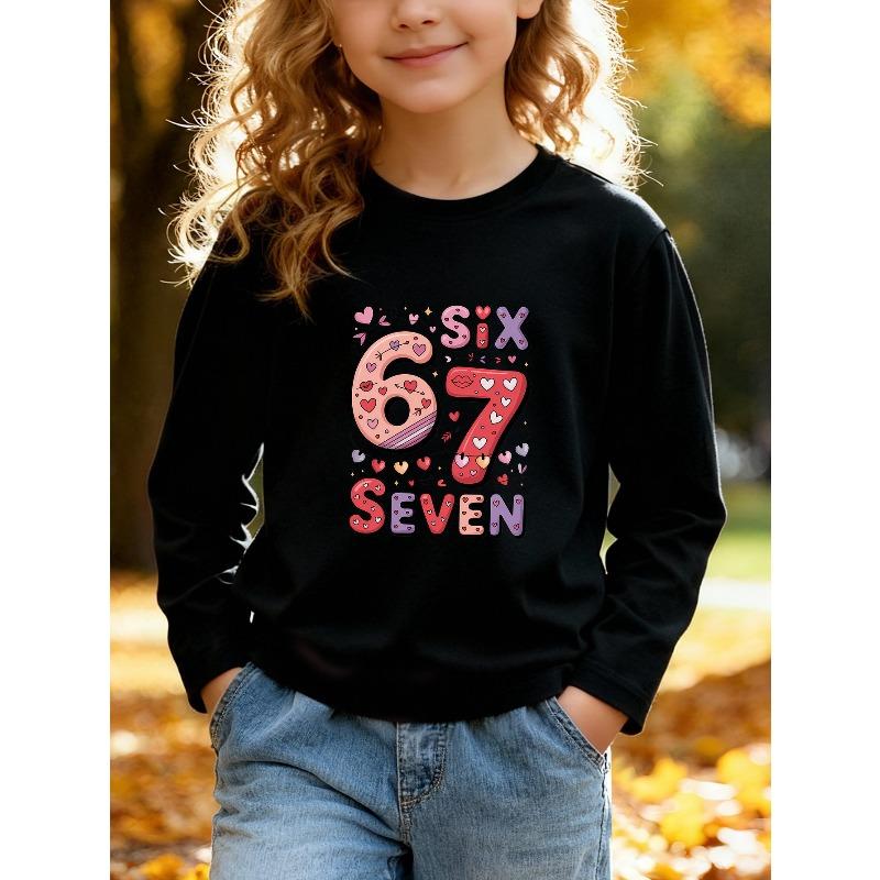 Kids Unisex Pink Crewneck Sweatshirt, Cute Heart Arrow Cartoon 67 Six Seven Print Long Sleeve Pullover, Soft Fleece Sweatshirts for Boys Girls Ages 4+