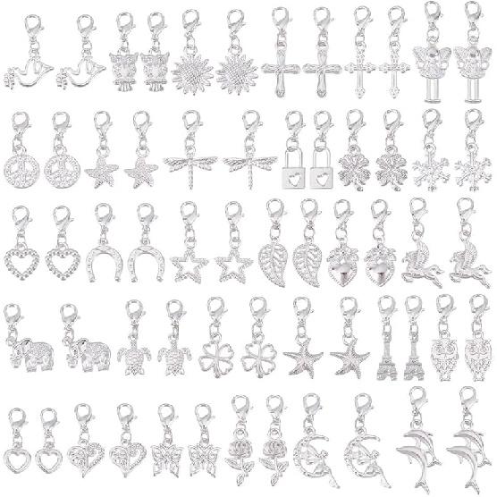 60Pcs 30 Styles Clip on Charm Pendants 22.5-35.5mm Dangle Charms with Lobster Clasp Mixed Styles Craft Charm for Jewelry Making