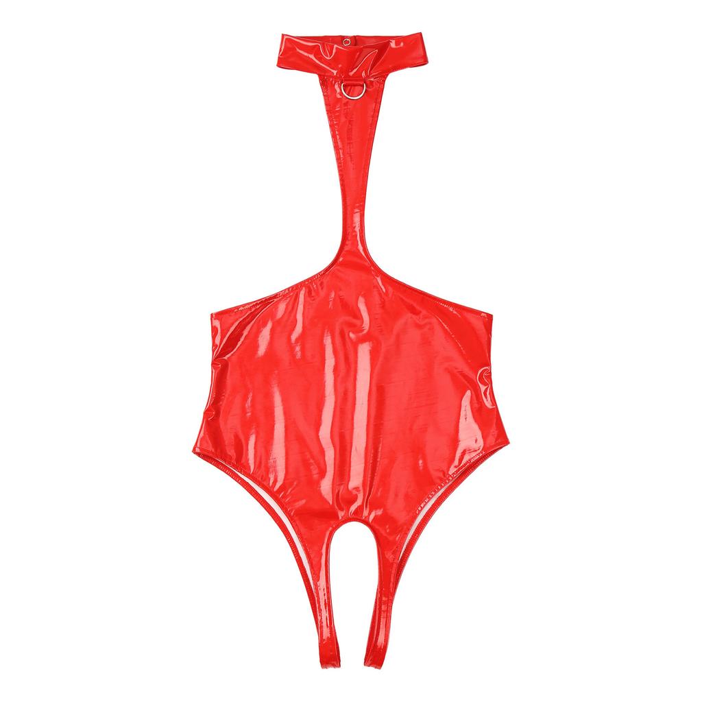 Dámská kožená ohlávka Wet Look Otevřená přední bezrozkroková spodní prádlo Bodysuit Clubwear Noční prádlo