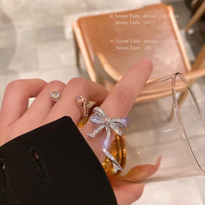 Trendy Zircon Bow Adjustable Ring - Japanese Korean Fashion Open Adjustable