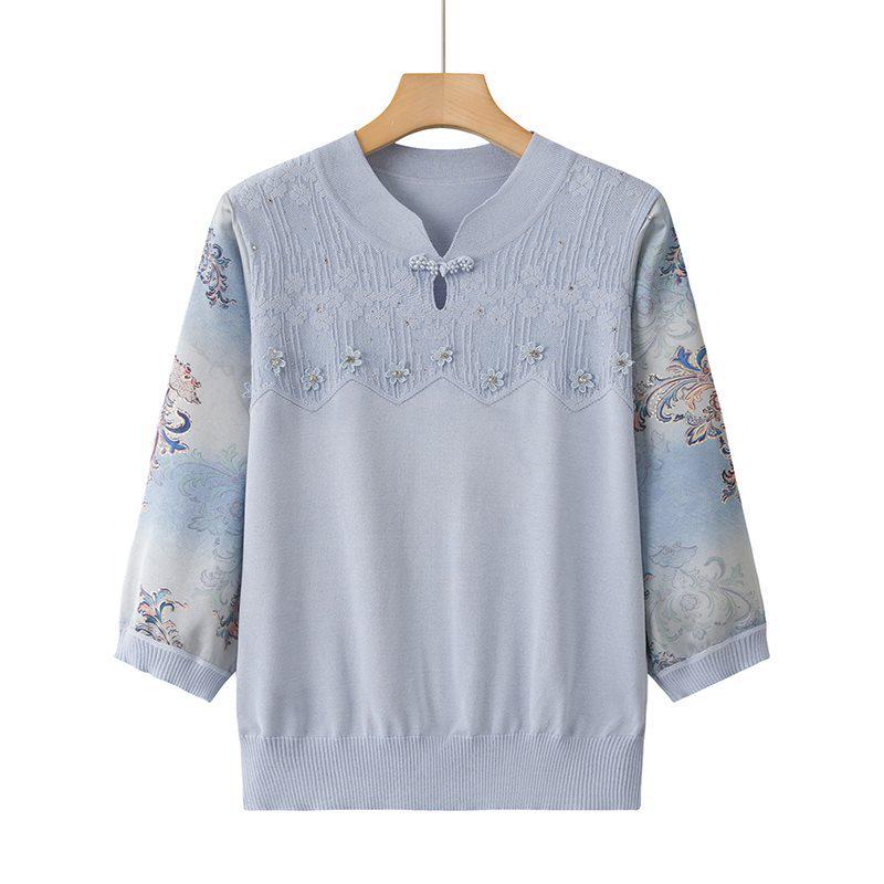 

Elegant Ice Silk Knit Top for Stylish Moms (50-60 Yrs) - Summer Wear 2XL (Recommended 105-120 lbs)