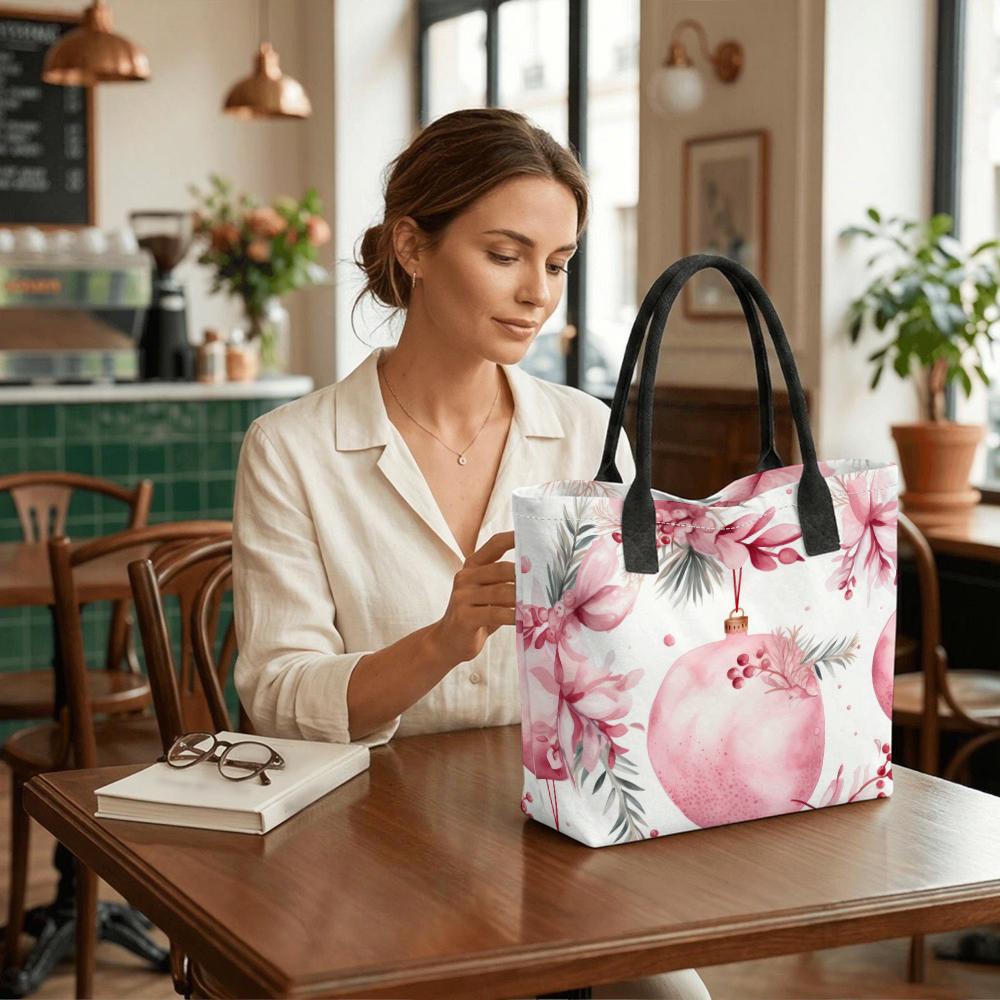 White Tote Bag Women Canvas Shopping Handbag with Pink Floral Ornament Print Black Handles