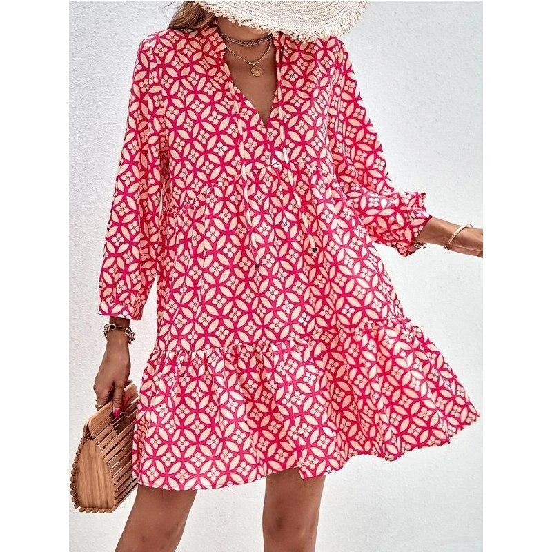 

2026 V-neck Print A-line Women Dress Vintage Long Sleeve Ruffled Summer Short Dresses Lace-up Lady Casual Beach Boho Dress 28719 XL рожевий червоний колір