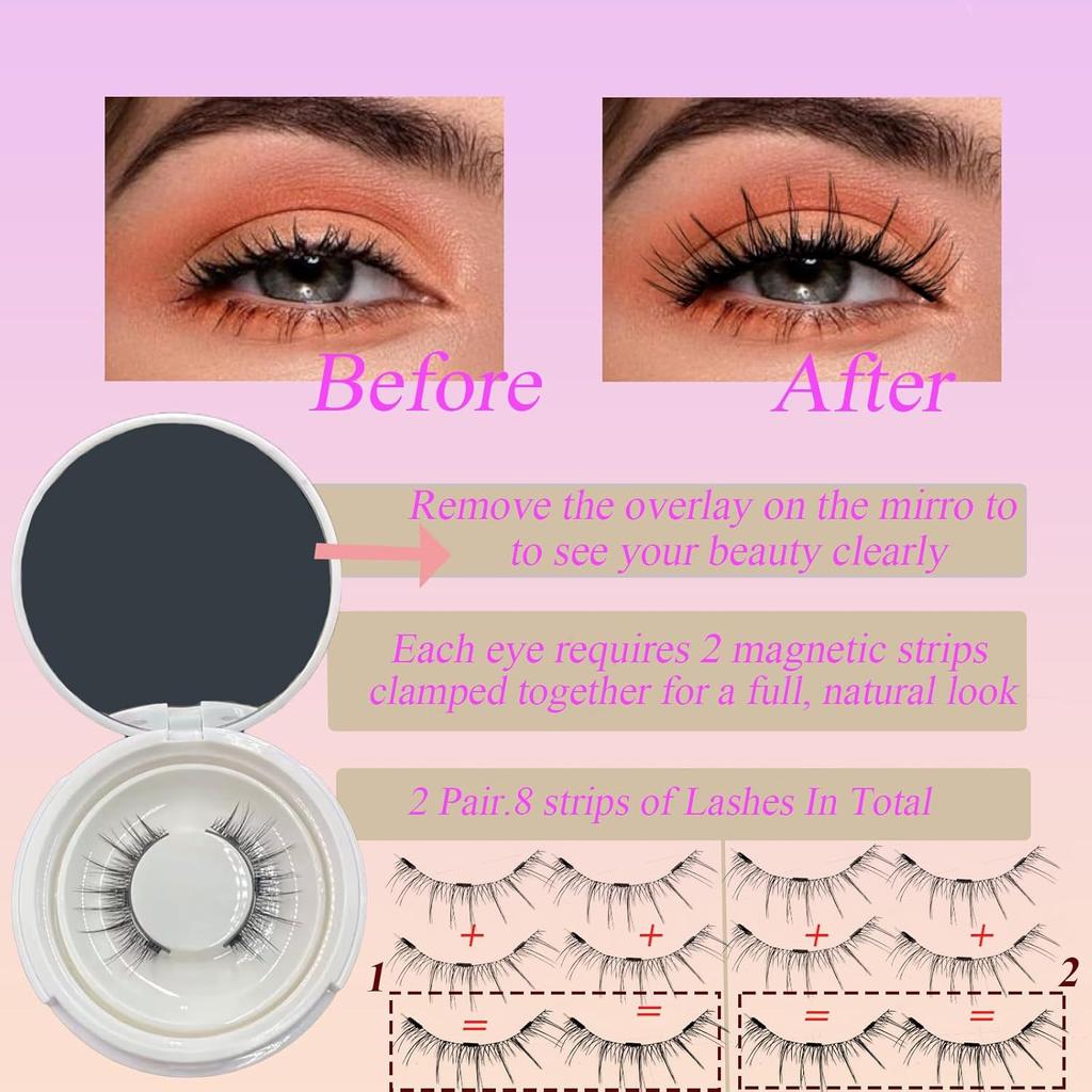 2-Pair Magnetic Eyelashes Set with Mirror Storage Box & Applicator - Natural Look, Glue-Free, Reusable, and Easy To Apply