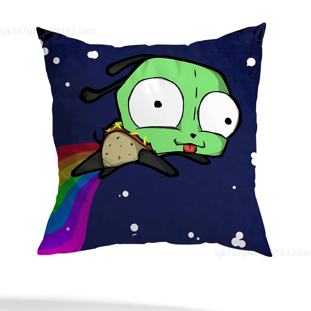 Green Invader ZIM Pillow Case Square Double-Sided Printing Short Plush Sofa Cushion Cover Bedroom Bedside Pillow