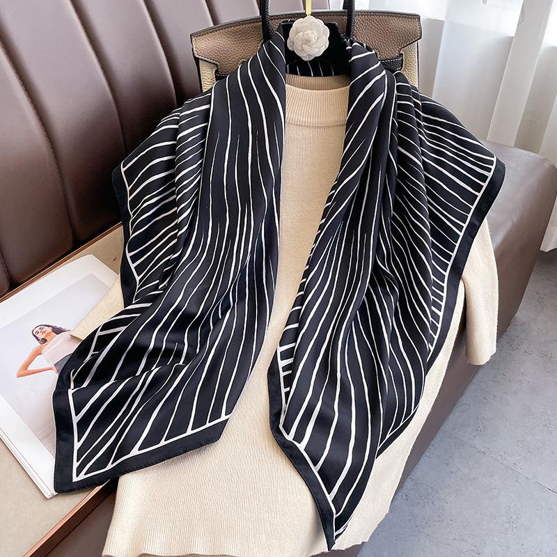 Fashion Luxury 90*90cm Square Women Silk Scarf Stripe Print Design Hijabs Female Neckerchief Scarves Wrap Headband Bandana