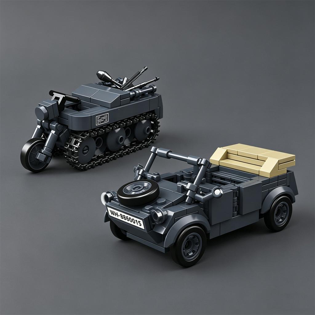 MOC Figurine Sd.Kfz. 2 Half-Track Motorcycle Building Blocks VW Type 82 Water Tank Toy Tracked Armored Vehicle