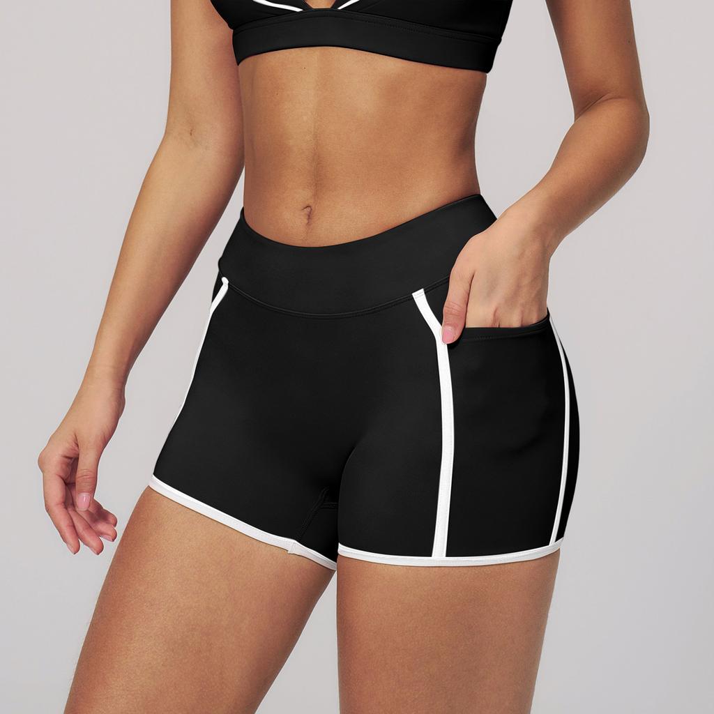 Women's High Waist Yoga Shorts Slim Fit Stretchy Athletic Running Workout Gym Shorts with Contrast Trim for Fitness Training