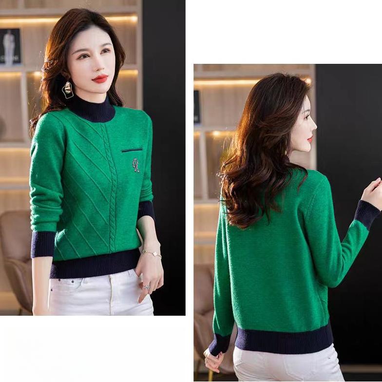 Half Turtleneck Sweater Thick Long-sleeved Knitted Sweater for Women In Autumn and Winter Loose Color-blocked Pullover