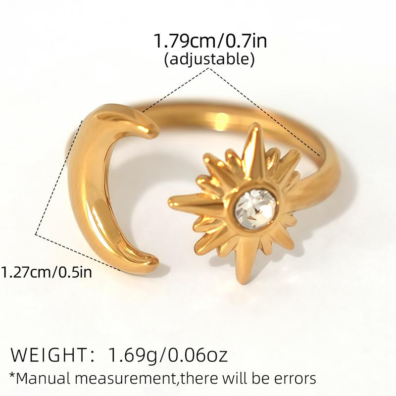 Luxury Stainless Steel Ring for Women Design Gold Color Stars Moon Inlaid with Zircon Adjustable Stacked Rings Banquet Jewelry