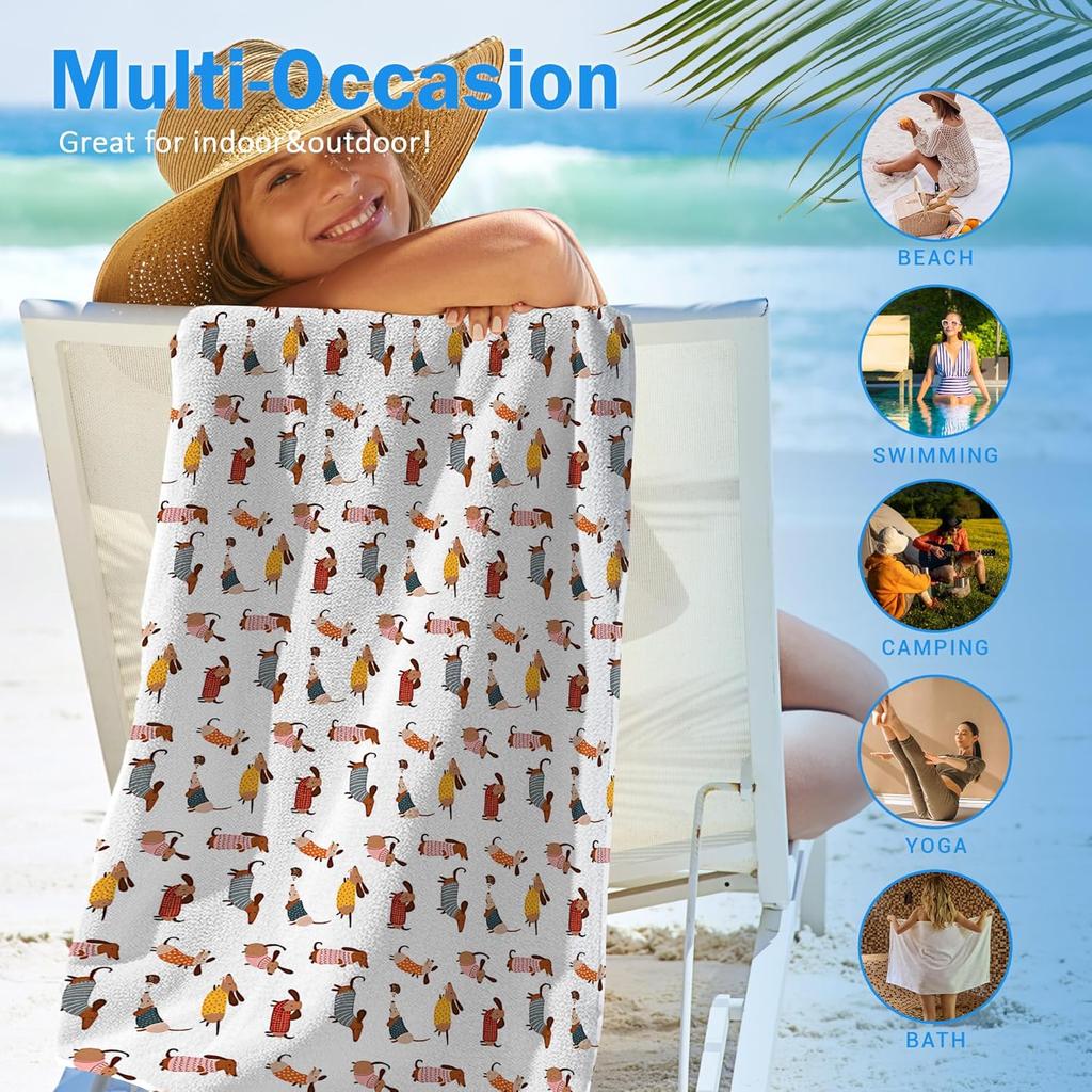 Cute Dog Dachshund Beach Towel Gifts for Women Dog Lovers Owner, Funny Dogs Wiener Microfiber Quick Dry Travel Sand Free Beach Towels Oversized Decor